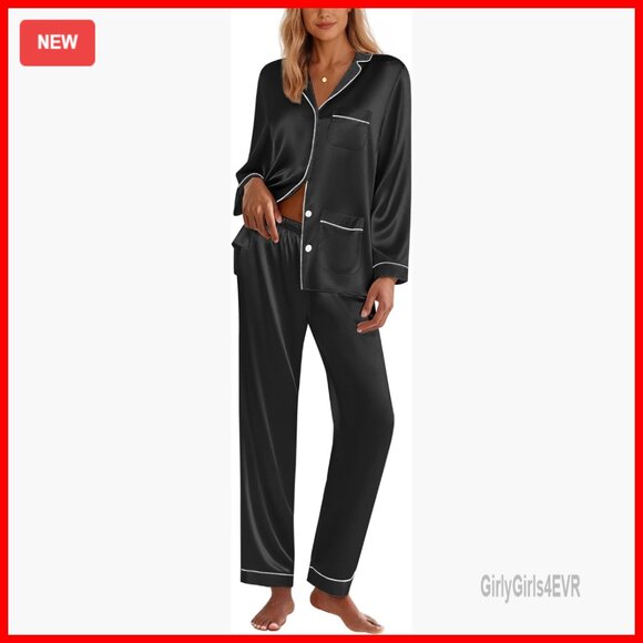 Long Sleeve Satin Pajama Set Classic Button Down Lounge Wear